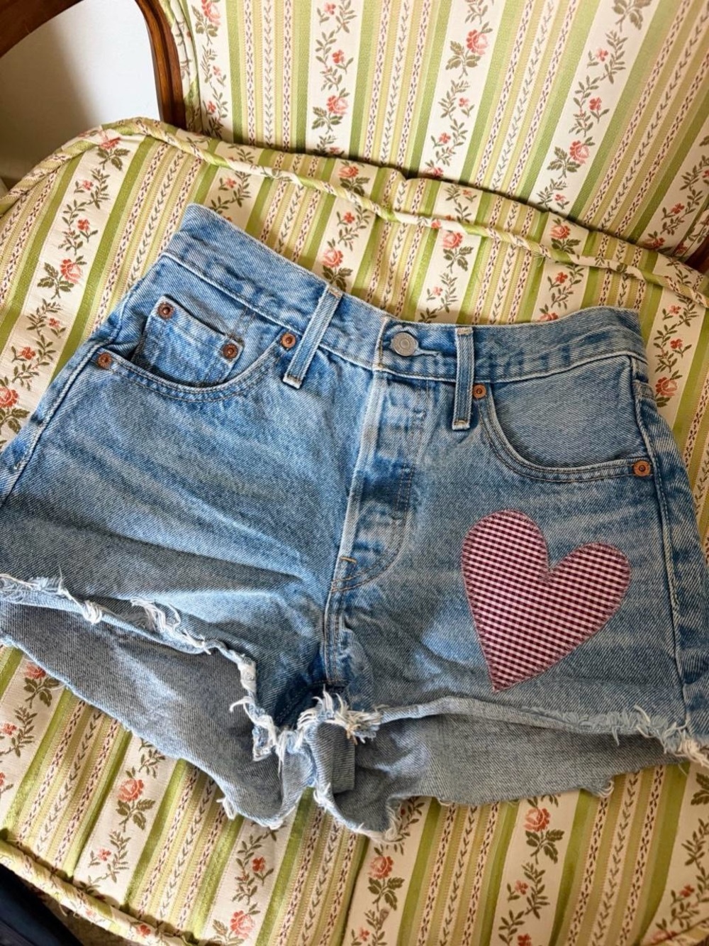 Red Heart Patch Blue Denim Jean Shorts